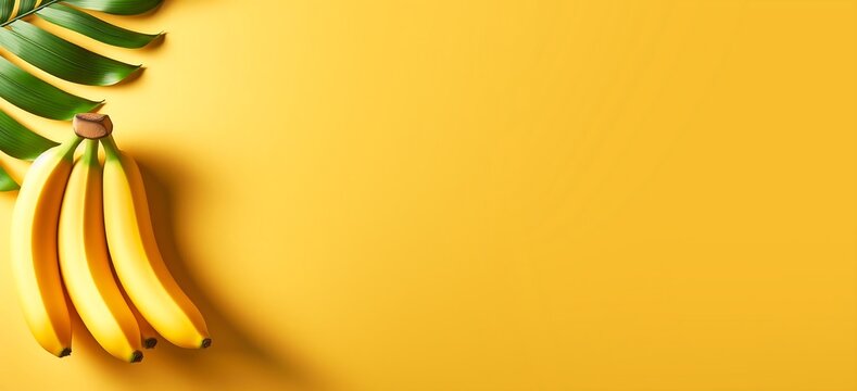 Ripe bananas on bright yellow background, wide horizontal panoramic banner with copy space, or web site header with empty area for text.generative ai