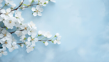 Minimalistic background with spring flowers on a soft delicate blue background. Copy space