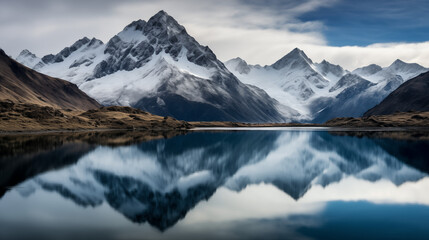 Mirror Reflection of Snowy Mountain Range in Calm Lake