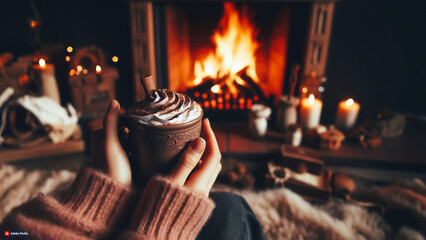 a person holding a cup of hot chocolate in front of a fireplace, a stock photo , trending on shutterstock, aestheticism, stockphoto, stock photo, photoillustration