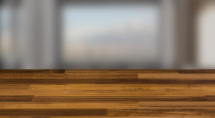 Elegant office interior. Mixed media. 3D rendering., Background with empty wooden table. Flooring.