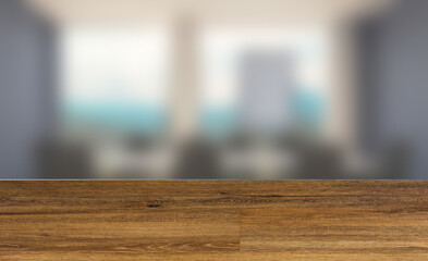 Front view of an office interior with a row of dark wood tables. 3D rendering.. Mockup.   Empty...
