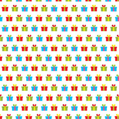 Vector seamless pattern many gift boxes on white background, flat color graphic design, seamless pattern for New year and Christmas paper wrap, background.