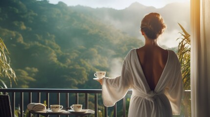 Back view of a happy woman with a cup of coffee or tea in a white towel after showering, standing on an open resort balcony - Powered by Adobe