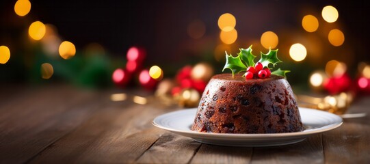Close up classic plum pudding on festive table celebrating Christmas eve - obrazy, fototapety, plakaty