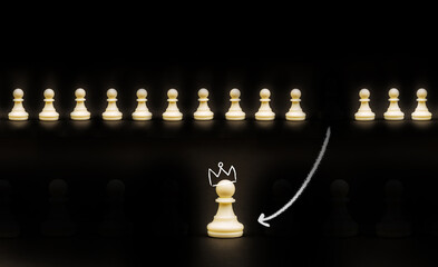 Brain and ideas can make different concept, Chess pawn with crown become a king and standing out from the crowd