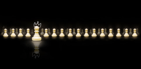 Brain and ideas can make different concept, Chess pawn with crown become a king and standing out from the crowd