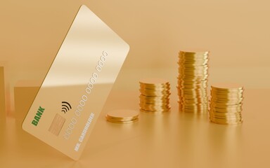 Credit card on a yellow background with a bunch of gold coins nearby. 3D rendering. Graphic illustration on the topic of banking and finance.