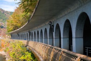 神奈川県相模原市 秋の相模湖、嵐山洞門の遊歩道