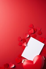White card with little hearts nearby on a red background for valentine's day or wedding anniversary with copy space for text