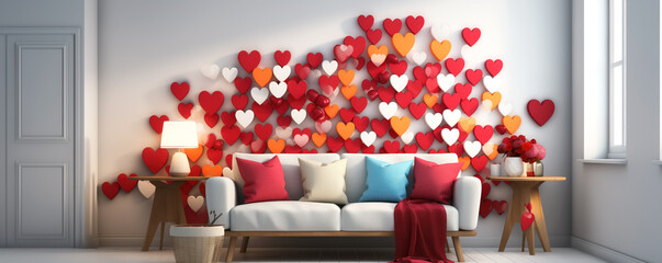 Sofa with pillows standing on the background of the white wall with colourfu paper's hearts. Concept of Valentine's Day. - obrazy, fototapety, plakaty