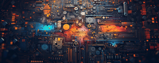 Close up panoramic view of the motherboard with components. - obrazy, fototapety, plakaty