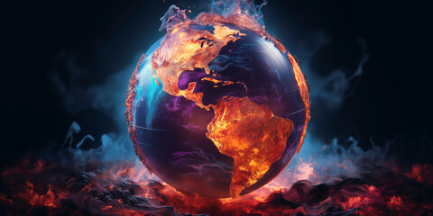 Panoramic space view of overheated earth globe. Global warming concept. - obrazy, fototapety, plakaty