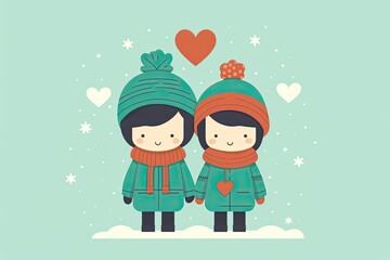 Fototapeta premium Cute cartoon couple in love wearing ubt hats, Valentine's day card