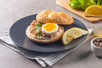 Delicious tuna open sandwiches. Buns with canned tuna, lemon, cream cheese and boiled egg.