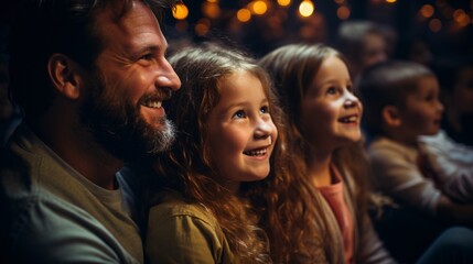 Fototapeta premium A happy young couple is accompanied by their daughter at the theater watching a thrilling film.