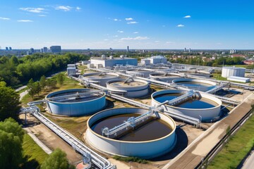 City sewage treatment plant with high-altitude perspective showing advanced purification process to eliminate unwanted substances from polluted water. - obrazy, fototapety, plakaty