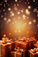 Close up gifts in a gold wrapper on a blurred light background. Christmas and New Year celebration concept.