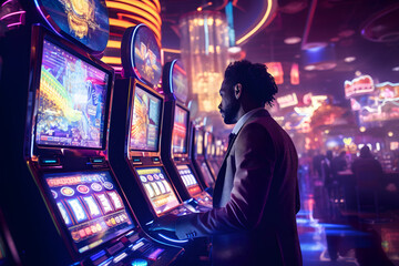 Naklejka premium Men playing slot machine in casino
