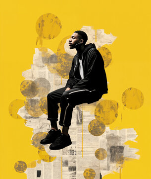 Generative AI image of black man in urban rap style on yellow backdrop