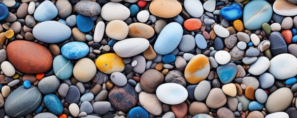 Abstract symphony of smooth pebbles on beach. Round and textured stones create harmony of shapes and patterns inviting sense of tranquility