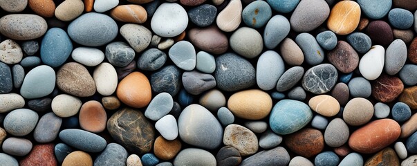 Abstract symphony of smooth pebbles on beach. Round and textured stones create harmony of shapes and patterns inviting sense of tranquility