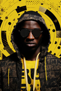Generative AI image of stylish rap artist in urban fashion