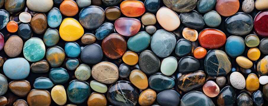 Abstract symphony of smooth pebbles on beach. Round and textured stones create harmony of shapes and patterns inviting sense of tranquility