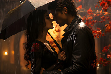 A young couple stands under an umbrella against the backdrop of the night city. Valentine's day concept