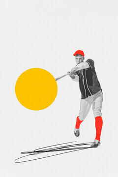Poster. Contemporary art collage. Professional baseball player in monochrome kicking ball as yellow circle wit negative space for text.