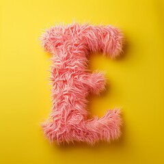 pink furry letter E on a yellow background
