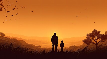 Fototapeta na wymiar Fathers day sunset in the mountains, Father and childern ,love 