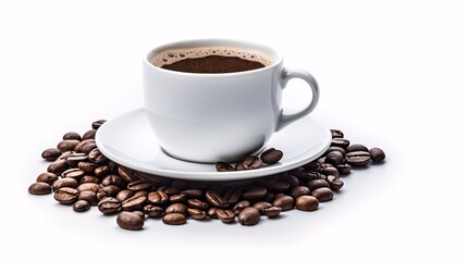 A white background isolates a coffee cup and beans.