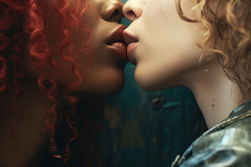 closeup lesbian couple kissing lips - obrazy, fototapety, plakaty