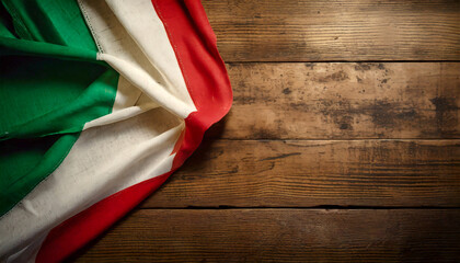 Close-up an old national flag of the Italy (Italian flag), on an old wooden table with copy space. Patriotism, pride, labor day and memorial day concept.