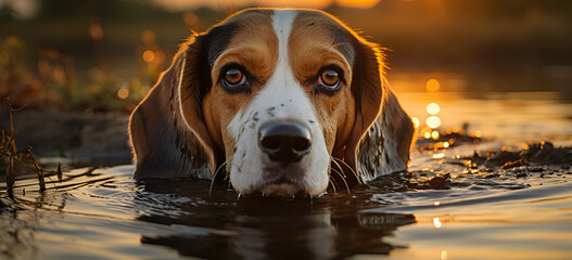 A beagle dog is swimming in a pool of water. - obrazy, fototapety, plakaty