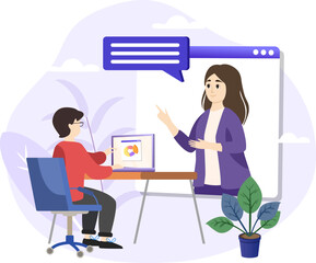 Business training illustration. Business Training concept. Group of businessmen studies data. Office work crowd, team meeting, and discussion.