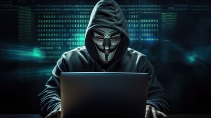 A man in a mask with a hood behind a laptop. Symbol of a group of hackers and anti system uprisings...