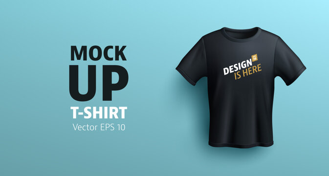 Men black t-shirt 3d render front view mock up. Vector realistic mockup of male blank t-shirt short sleeves, sport or casual apparel isolated