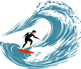 Surfing on a wave in the ocean. Surf rider on big waves. Surfer vector illustration design for t shirt print or club banner.