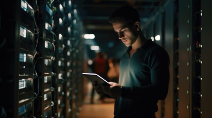 A young Caucasian man with a tablet computer stands in the middle of a server room. Collection and storage of large amounts of data. Checks the operation of servers and automation