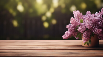 Wooden table top surface with a blurred backdrop of lilac flowers, the composition offers a perfect spring setting for product display or seasonal composition.

