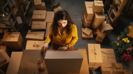 Above table top view of female warehouse worker or seller packing ecommerce shipping order box for dispatching, preparing post courier delivery package, dropshipping shipment service concept