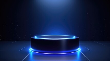 Abstract dark blue glowing cylindrical podium on a pedestal. Futuristic abstract room concept with...