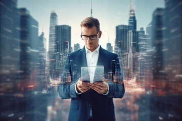 Handsome young businessman using tablet computer on abstract city background with double exposure of business graph. Technology concept - obrazy, fototapety, plakaty