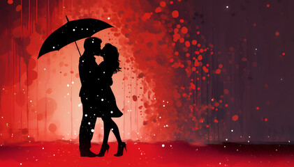 Silhouettes of a man and woman in profile under an umbrella on a red background with hearts. Valentine's day concept. Copy space.