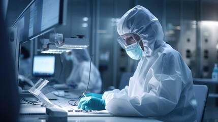 Close up image of a researcher in a protective mask working in a laboratory of a research institute. Creation of innovative medicines and vaccines - Powered by Adobe