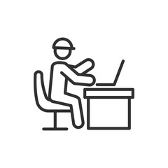 A man in a helmet sits at a computer, linear icon. Engineer. Line with editable stroke