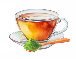 Vintage tea cup  with a spoon of green tea design. Watercolor mug illustration. Retro kitchenware clipart. Antique glass teacup.