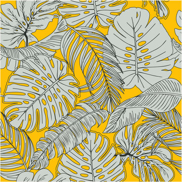 Vector tropical seamless pattern. Exotic plants on yellow background. Banana and monstera leaves. Vector illustration.